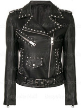 New Women&#39;s Brando Style Black Silver Studded Real Cowhide Leather Jacket-1021 - £196.58 GBP