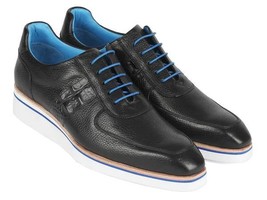 Paul Parkman Mens Shoes Sneakers Black Leather Blue Lace Casual Handmade... - $329.99