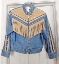 VTG CACHE Western Jean Jacket Coat Denim Suede Leather Fringe Embellish Blue M - £127.07 GBP