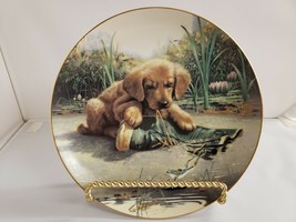 Golden Retriever Plate Puppy Playtime Catch of the Day Jim Lamb River Shore - £14.40 GBP