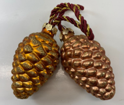 Lot of 2 Glitter Glass Pine Cone On Red Gold Cord Rustic Christmas Ornam... - $19.79
