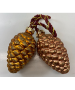 Lot of 2 Glitter Glass Pine Cone On Red Gold Cord Rustic Christmas Ornam... - £15.65 GBP