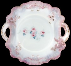 Antique 1890s Milk Glass HP Farm Rose Decoration 11.5&quot;w Two Handled Dresser Tray - £47.94 GBP
