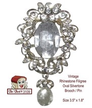 Vintage Pin Rhinestone Filigree Oval Silvertone Brooch 3.5&quot; Scarf  Pin - $19.95