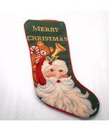 Handmade Stocking Merry Christmas Santa Needlepoint embroidery green ted... - $16.00