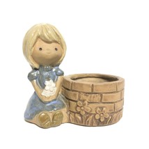 Vintage Art Pottery Votive Candle Holder Girl Sitting by Well UCTCI Stoneware - £20.72 GBP