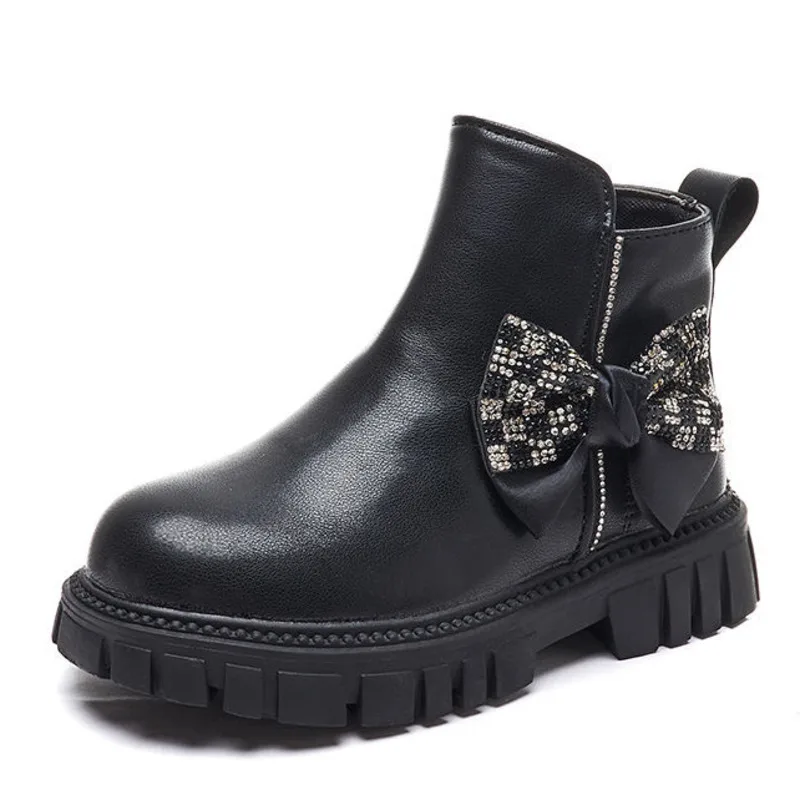  Girls  Boots Plaid Bow-knot PU Leather Black Children Ankle Shoes Bling Zip Sof - $106.40