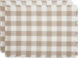 Set Of 2 Fringed Cotton Placemats (13&quot;x19&quot;) Plaid Buffalo Check,Stone Brown, Dii - £10.36 GBP
