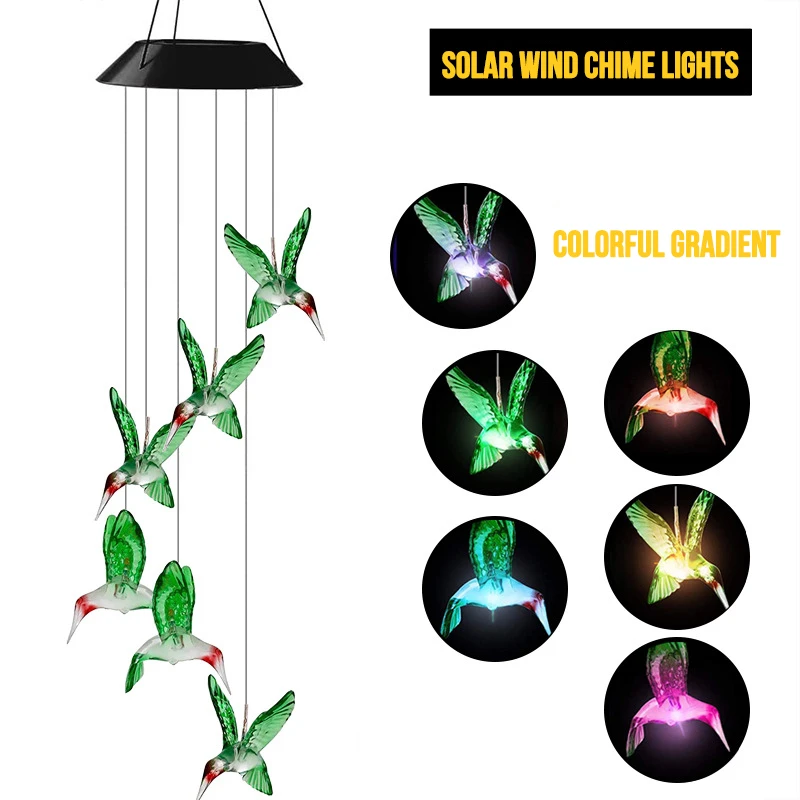 Solar Lights Hummingbird Wind Chime Outdoor Wind Chime Solar Color Changing Sola - £67.75 GBP