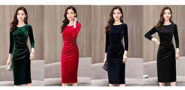 Elegant Long Sleeve Slim Pleated Sequin Velvet Dress - £35.93 GBP