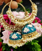 Bollywood Indian Pearl Enameled jhumka Jhumki Earrings Blue Bridal Jewelry Set - £22.84 GBP