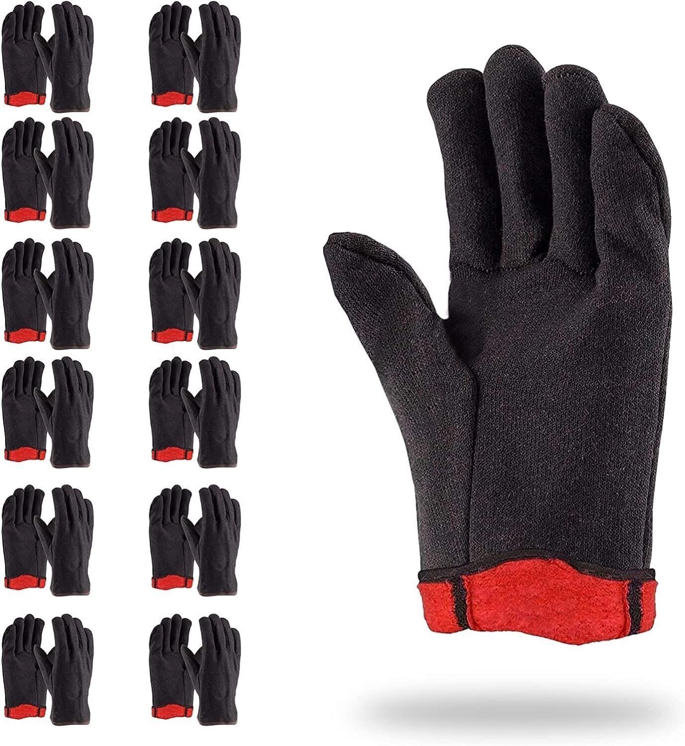 Primary image for 12 pcs Red Fleece Lined Brown Jersey Gloves 9.5" /w Open Cuff, Gunn Cut Pattern