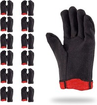 12 pcs Red Fleece Lined Brown Jersey Gloves 9.5&quot; /w Open Cuff, Gunn Cut Pattern - £23.23 GBP