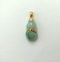 14K Solid Yellow Gold Bottle Gourd Natural Green Genuine Jade Bow pendant - $354.00