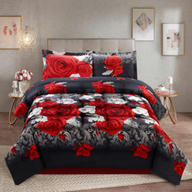 HIG 3 Piece 3D Red And White Rose Print Box Stitched Comforter Set In Queen King - £27.80 GBP+