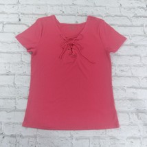 Arizona Top Womens Juniors Large Pink Ribbed Short Sleeve Lace Up Neck Y2K - £11.01 GBP