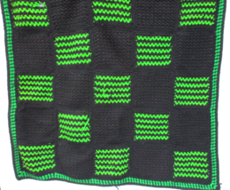 Handmade Crochet Black Blanket Fluorescent Green Zigzag Squares Afghan 60 x 39 - £14.91 GBP
