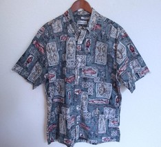 Bluewater Wear Hawaiian Shirt L Retro Fish Reverse Print Button Down Green Vtg - £17.57 GBP