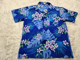 Hilo Hattie Hawaiian Shirt Mens L Blue Purple Beach Floral Flowers Summe... - £14.01 GBP