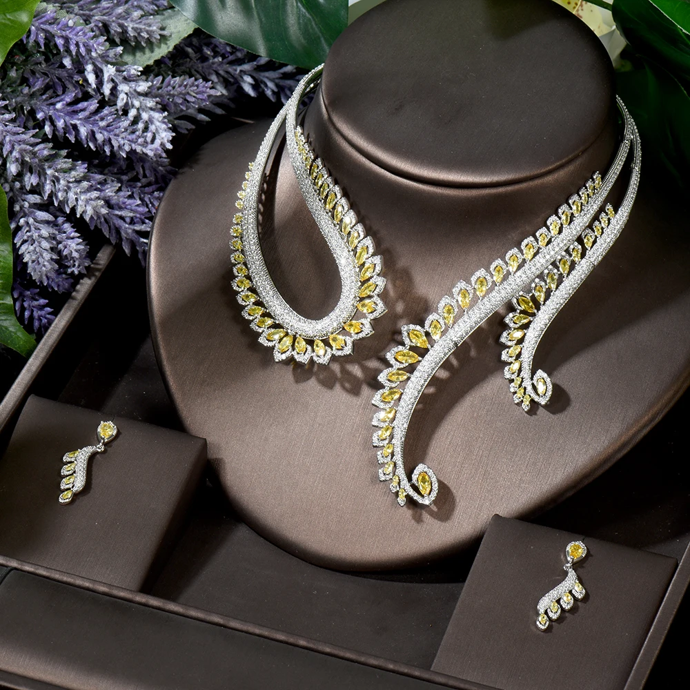Luxury 2PCS Feather Chokers Jewelry Sets For Women Wedding Cubic Zirconia CZ Dub - £88.61 GBP