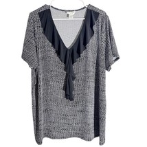 ELAN + GRACE 2X Black White Ruffle V-Neck Short Sleeve Blouse Made in USA - $270.72 MXN