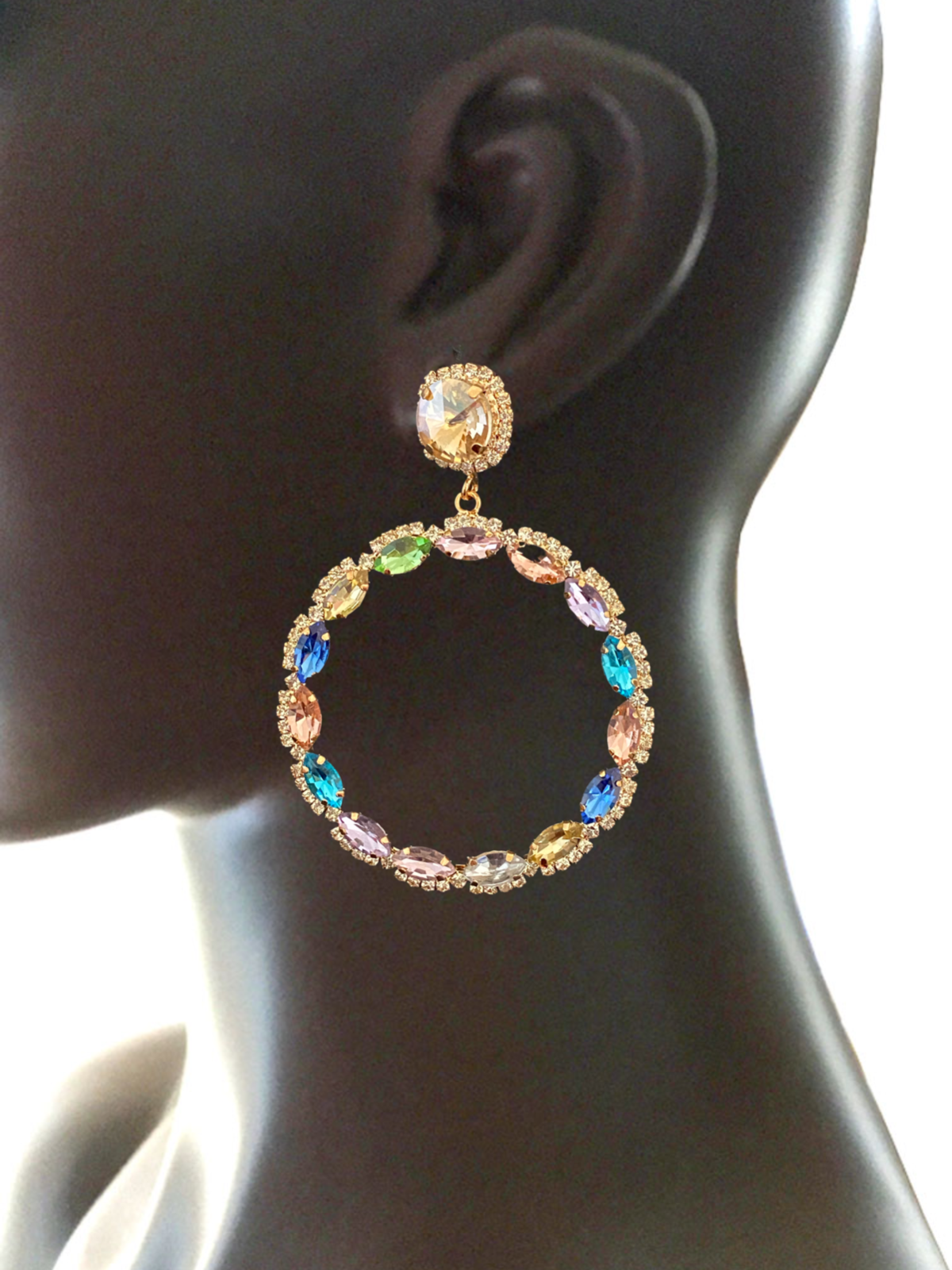 3" Long Multicolor Acrylic Crystals Hoop Earrings Party, Casual Chic, Urban - $16.15