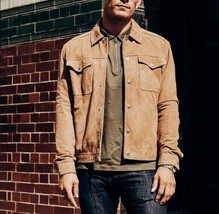 Tan Handmade  Motorcycle Men Soft Leather Button Suede Lambskin Jacket Designer - £100.90 GBP+