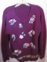 Purple Sweater XL Embroidered Flowers Ramie Cottage Core Grandma Chic - $20.00