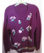 Purple Sweater XL Embroidered Flowers Ramie Cottage Core Grandma Chic - $27.30 CAD