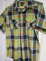 Men&#39;s Red Ape Black Lime Green Plaid Short Sleeve Button Up Casual Shirt XL - $13.00