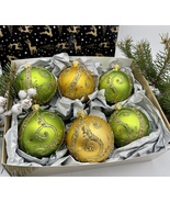 Set of green and gold Christmas glass balls, hand painted ornaments with... - £42.58 GBP