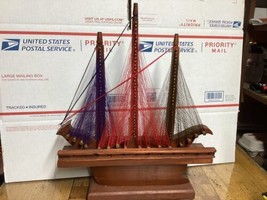 Mid Century String Art Sailboat Ship Wooden Free Standing 16x13 Inch Handcrafted - £15.45 GBP