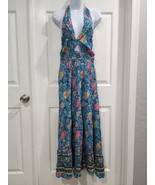 Turquoise Women Halter V-neck Sleeveless Long Dress Floral Print Backles... - $359.24 MXN