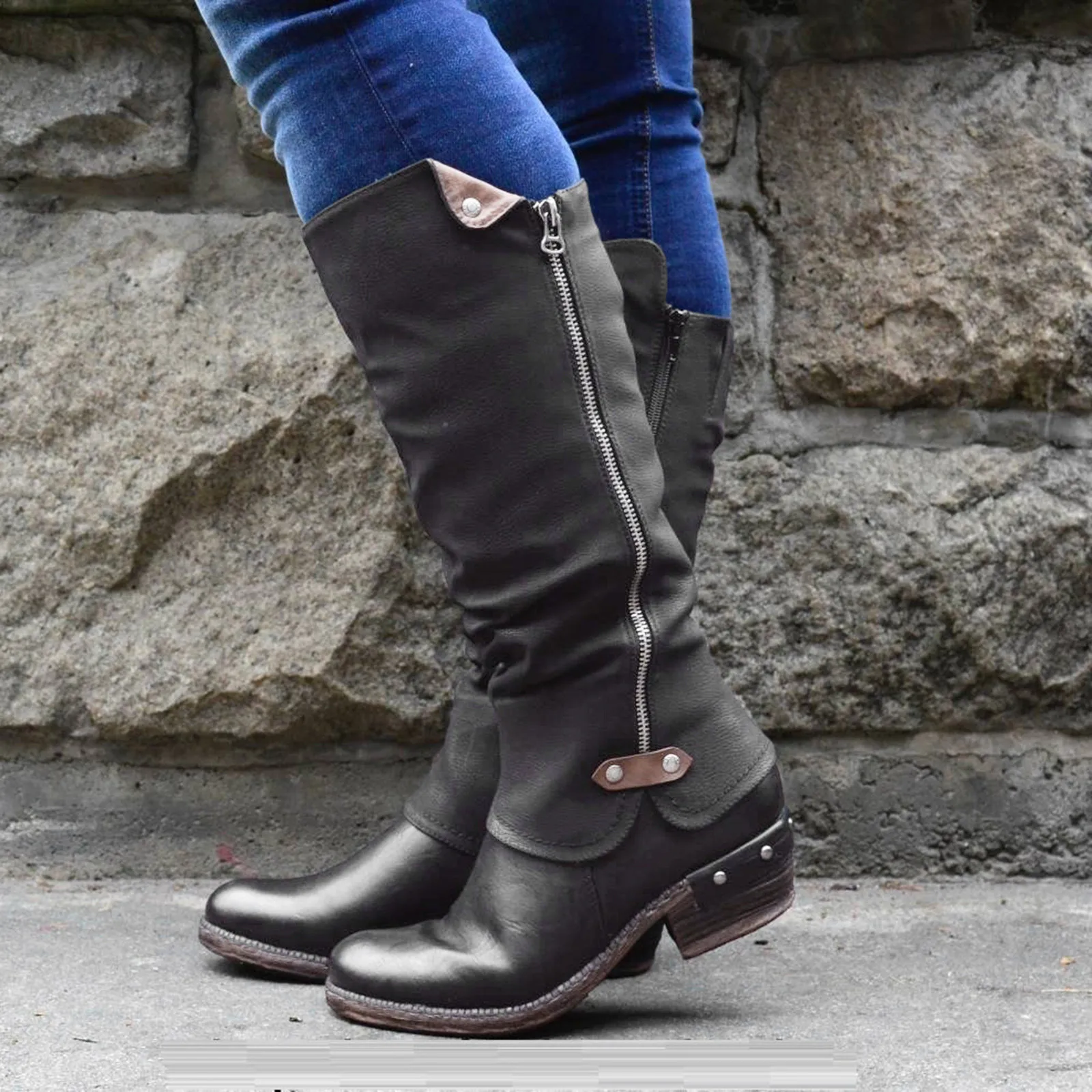 Thigh High boy Boots for Women Size 11 Long Low Zipper Boots High For Women Heel - $121.09