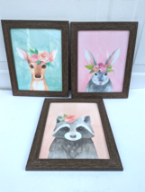 Bunny Deer Raccoon Flower Crown Watercolor 3pc Framed Set Wall Art Roses... - $49.88