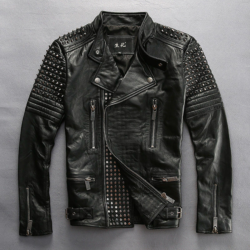 Men's Black Handmade Genuine Leather Silver Small Studs Belted Strap Jacket