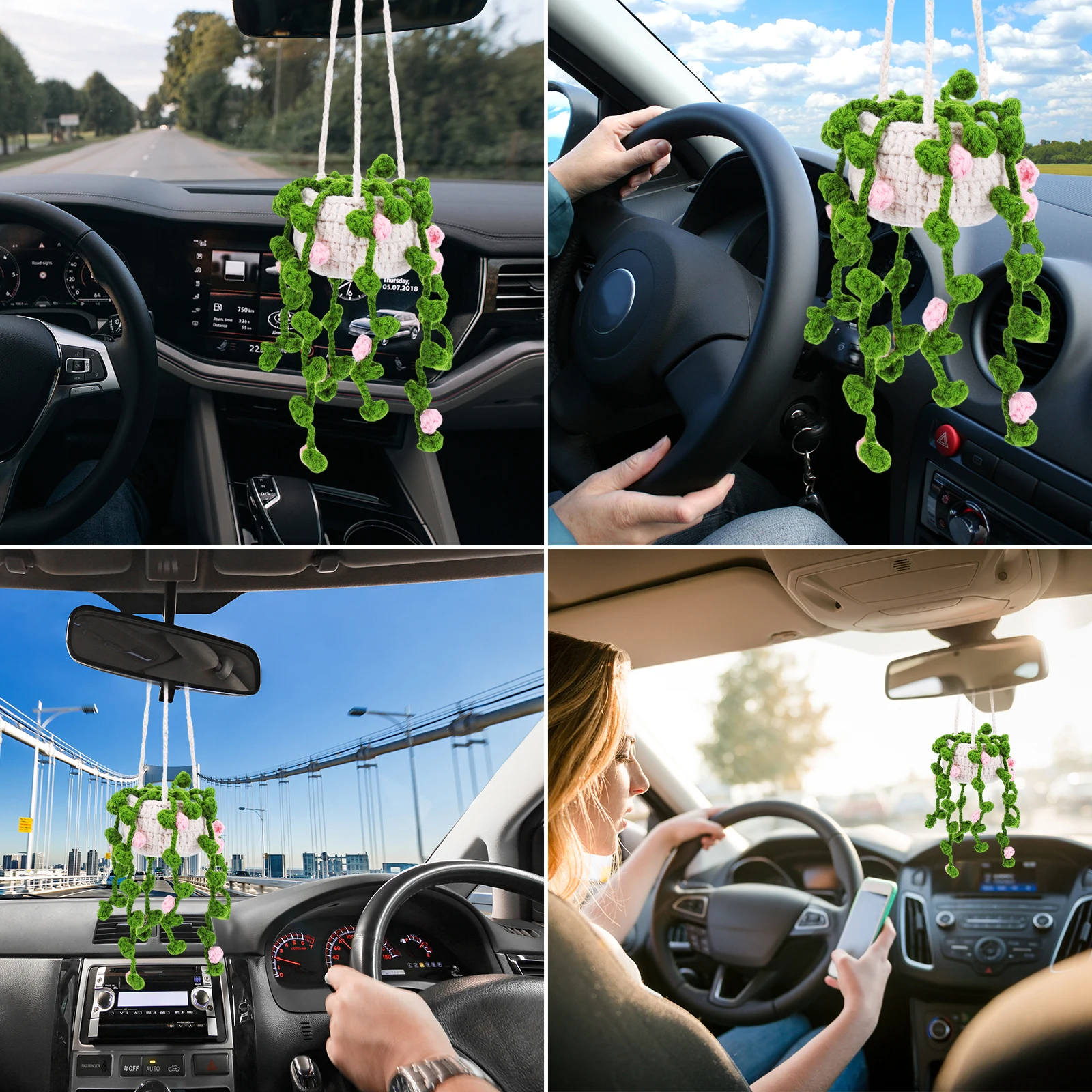 Rearview Mirror Potted Plant Pendant Hand-crocheted Hanging Basket Car Ornament - £11.63 GBP+