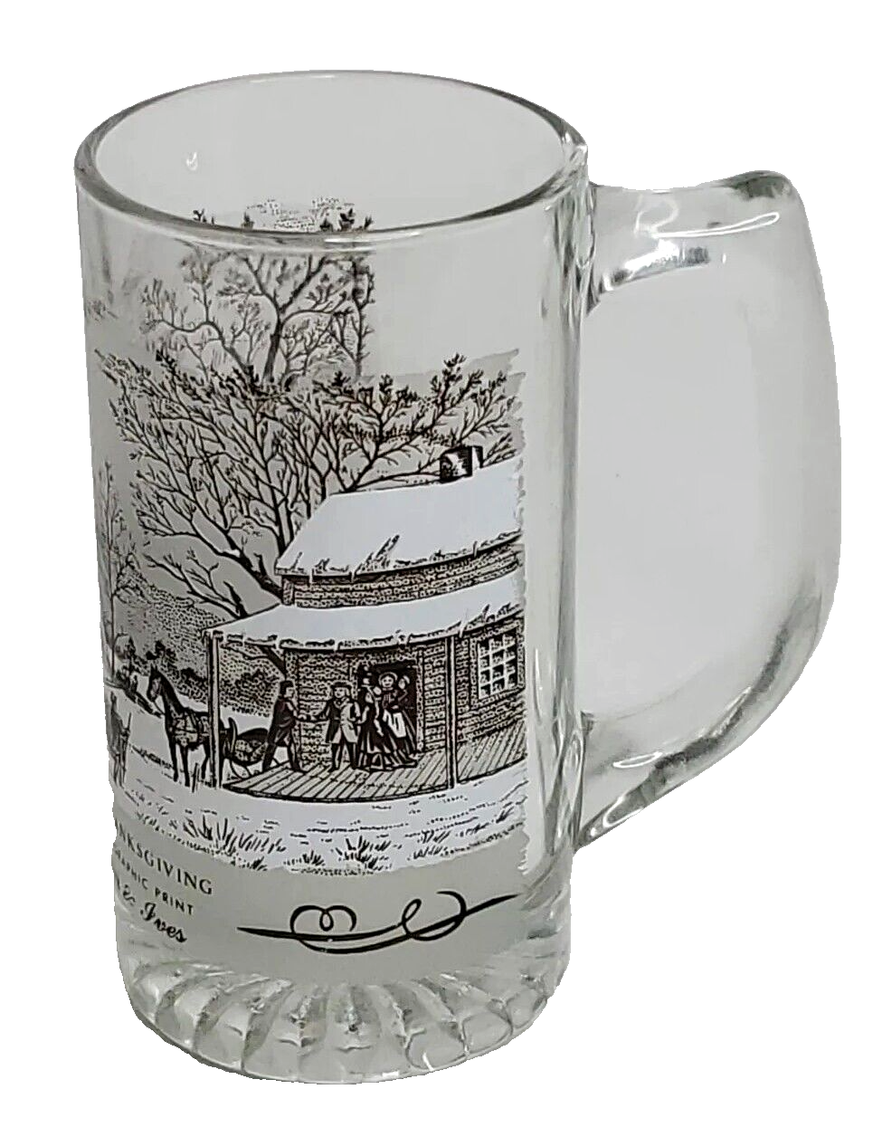 Clear Glass Mug Stein Currier Ives Thanksgiving Imprint Collectible Beer  - $4.80