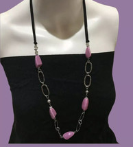 Ceramic Purple Hand Made Silver Tone With Black Velvet  Necklace 32” Long - £15.18 GBP