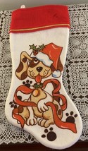 Dog Christmas Stocking  16 Inch Brown Tan Puppy Santa Hat Red Ribbon Paw... - $12.49