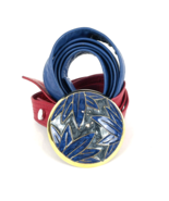 Vintage Alexis Kirk Belt Buckle &amp; Leather Straps Cloisonne Gold Blue &amp; Red - $84.50 CAD