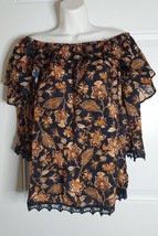 Knox Rose On Off Shoulder Boho Double Ruffle Neckline Embroidered Trim T... - $9.49