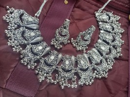 Estilo Bollywood Indio Plata Chapado Vidrio Kundan Collar Pendientes Joyería Set - £22.41 GBP