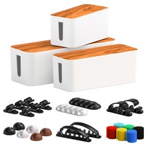 Cable Management Box 3 Pack With 16 Cable Clips Set-Large &amp; Medium &amp; Small Woode - £42.23 GBP