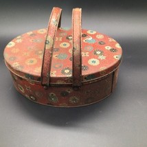 VINTAGE OVAL TIN 2-HANDLED BASKET SEWING BOX RED FLOWER POWER PATTERN Pa... - €10,97 EUR