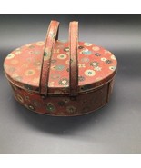 VINTAGE OVAL TIN 2-HANDLED BASKET SEWING BOX RED FLOWER POWER PATTERN Pa... - $12.86