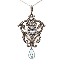 14k Yellow Gold and Silver Top Victorian Aquamarine Lavaliere Pendant (#J5702) - £864.53 GBP
