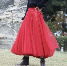 RED Tulle Midi Skirt with Sequins Outfit Women Plus Size Sparkly Red Tulle Skirt image 3