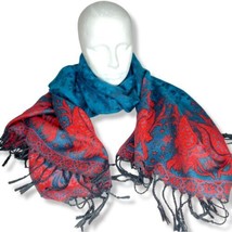 Oversized Fall Blanket Scarf Wrap Shawl Fringe Trim Turquoise Red Floral Paisley - £17.92 GBP