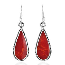 Classic Teardrop Shaped Synthetic Coral Inlaid Sterling Silver Dangle Earrings - £15.84 GBP